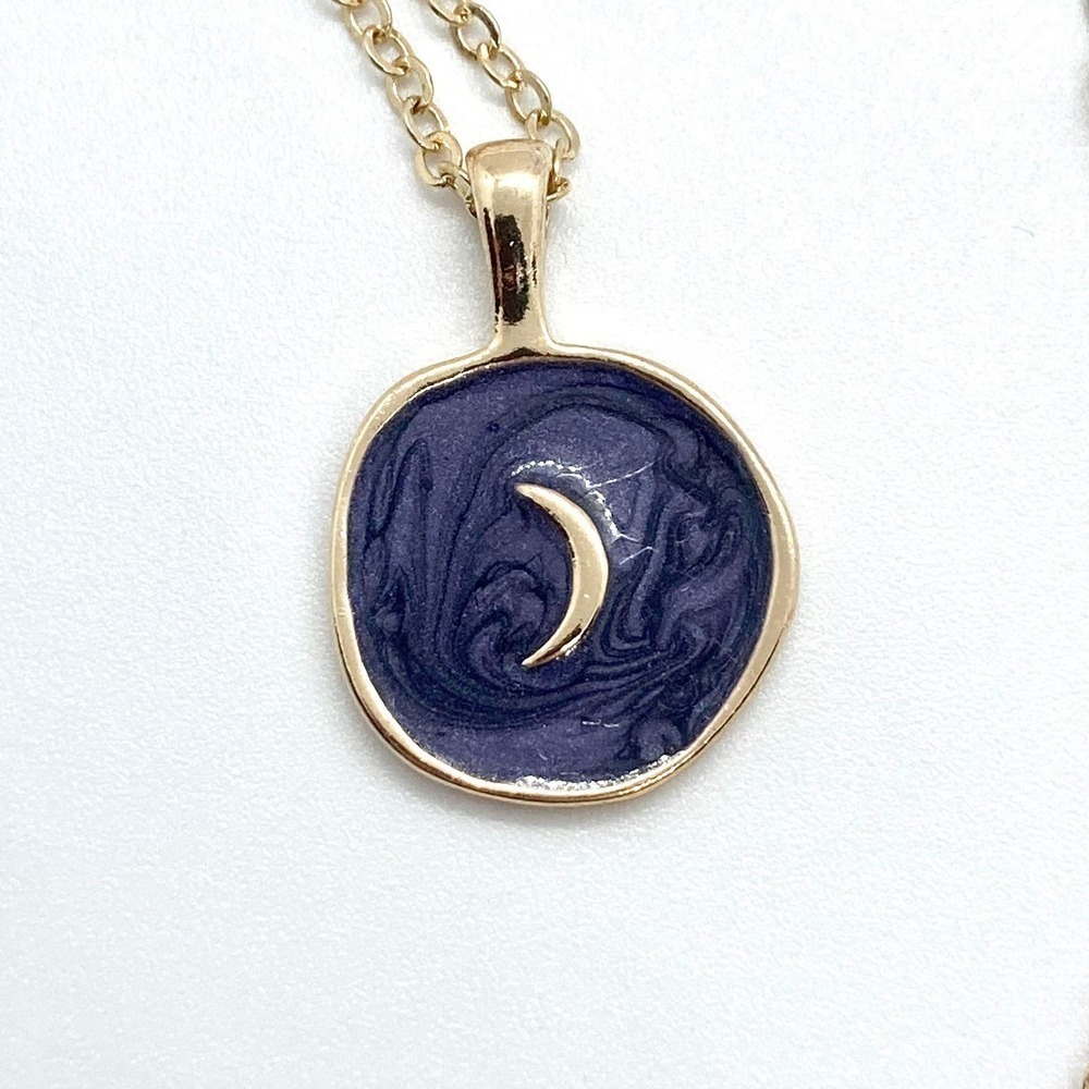 Indigo Resin Purple Crescent Moon Necklace Gold Tone - Picture 3 of 8